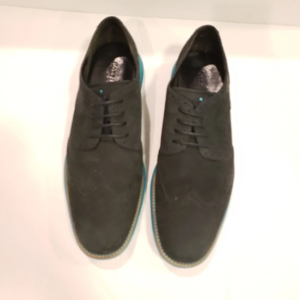 Cole Haan Mens Dress Shoes Lunargrand wingtips black suede and Tiffany blue 11.5